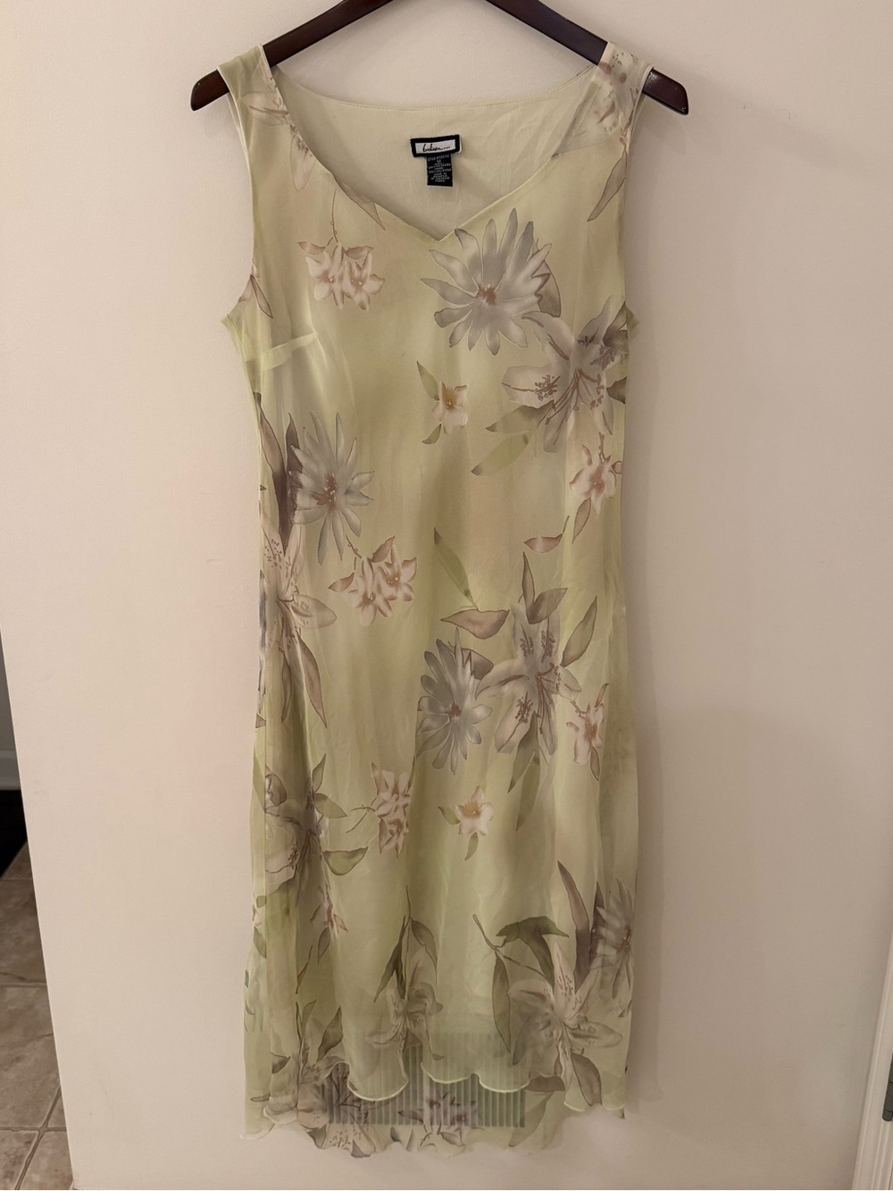Vintage Y2K Sage Green Floral Chiffon Midi Dress